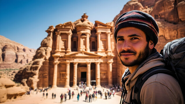 Photo real for Backpacker exploring the ancient city of Petra, Jordan in Backpack traveling theme ,Full depth of field, clean bright tone, high quality ,include copy space, No noise, creative idea