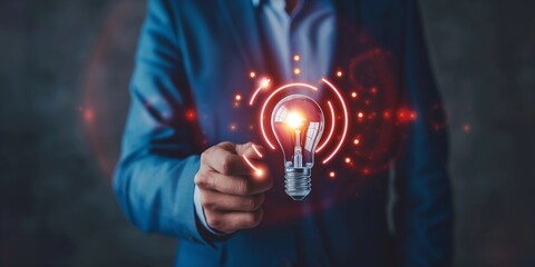 CRM, marketing strategy, online digital marketing, and customer targeting tactics. A businessman holds a lightbulb with an icon of a target customer. 