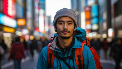Photo real for Backpacker exploring the streets of Tokyo in Backpack traveling theme ,Full depth of field, clean bright tone, high quality ,include copy space, No noise, creative idea