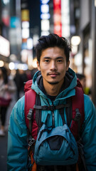 Photo real for Backpacker exploring the streets of Tokyo in Backpack traveling theme ,Full depth of field, clean bright tone, high quality ,include copy space, No noise, creative idea