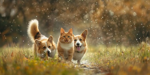 Red Cat and Corgi Dog, two furry friends, are strolling through a summer meadow as warm raindrops fall.