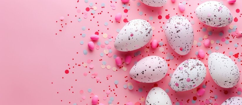Composition for Easter, featuring Easter eggs and confetti set against a pastel pink backdrop. Displayed in a flat lay style with a top view and room for text.