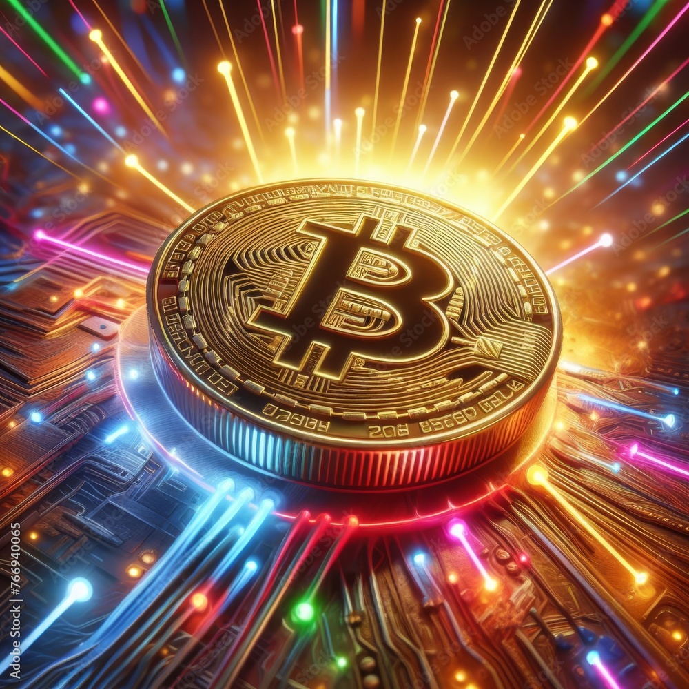 Poster a bitcoin coin glows with a vibrant array of colors atop a futuristic circuit board. it represents t