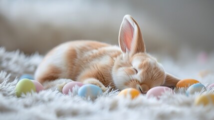 Obraz na płótnie Canvas A peaceful brown bunny sleeping on a plush white blanket, surrounded by soft-hued Easter eggs.
