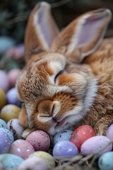 Fototapeta na wymiar Peacefully nestled among colorful painted Easter eggs on a pink background, a cute brown bunny sleeps soundly, embodying the tranquility of the holiday season.