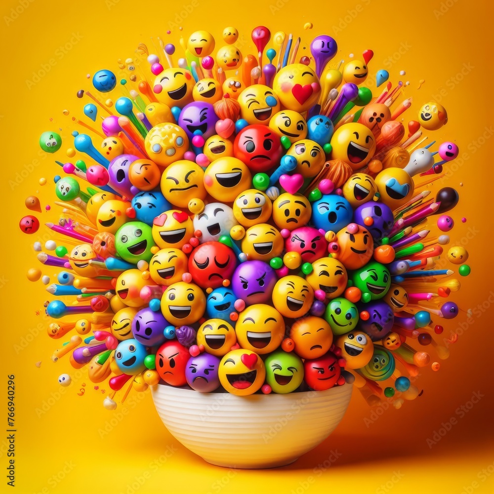 Poster a vibrant bouquet of 3d emoji faces bursts with color against a yellow backdrop. each emoji showcase