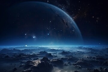 Naklejka na ściany i meble Surface of Earth planet in deep space. Outer dark space wallpaper. Night on planet with cities lights. View from orbit. Elements of this image furnished by NASA - generative ai