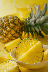 background is pastel yellow, there is an open bowl of pineapples with juice and the table, a closeup shot of several fresh pineapples cut in half with water droplets on them, in the fresh style