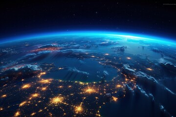 Surface of Earth planet in deep space. Outer dark space wallpaper. Night on planet with cities lights. View from orbit. Elements of this image furnished by NASA - generative ai - obrazy, fototapety, plakaty