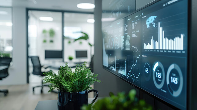 In the conference room, there is an electronic screen on which charts and data of various types appear