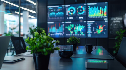 In the conference room, there is an electronic screen on which charts and data of various types appear