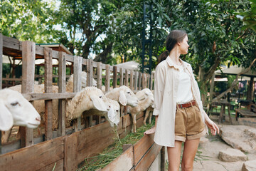 A woman is standing in front of a fence with sheep in the background