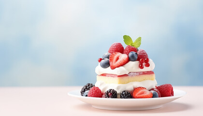 A cake with strawberries, blueberries, and raspberries on top - obrazy, fototapety, plakaty