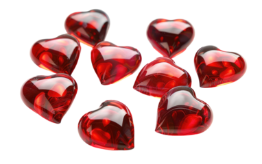 Eight Crimson Glass Hearts isolated on transparent Background