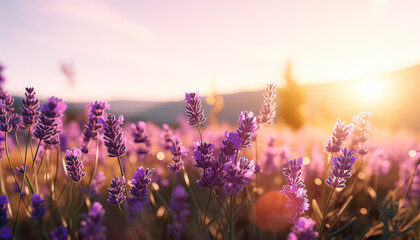 A field of purple flowers with a bright sun in the background