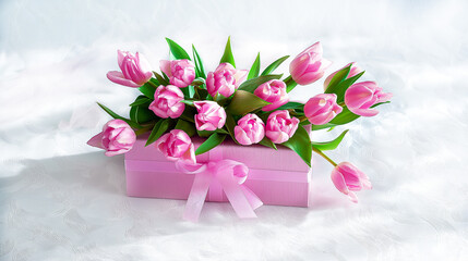 Gift box with a satin ribbon and beautiful pink tulips on a light background. Greeting card with a bouquet of spring flowers with copy space, for Birthday, wedding, Easter