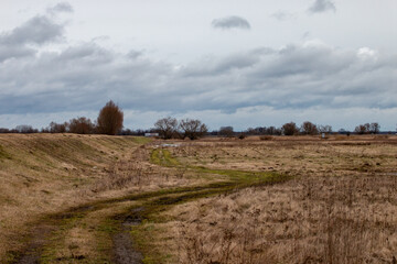 Vast brown field with leafless trees under a stormy sky