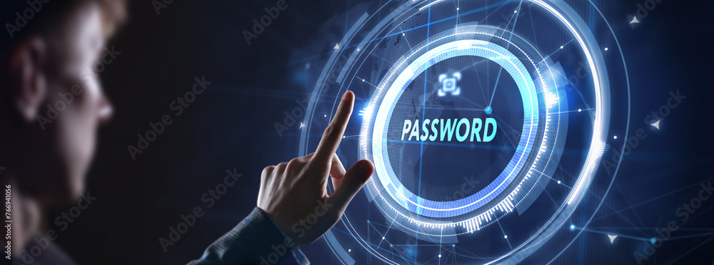 Poster password to access personal user data, cybersecurity concept.