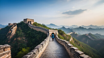 Photo real for Solo traveler at the Great Wall of China in Backpack traveling theme ,Full depth of field, clean bright tone, high quality ,include copy space, No noise, creative idea - obrazy, fototapety, plakaty