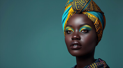 Striking portrait of African woman with vibrant makeup and headwrap.