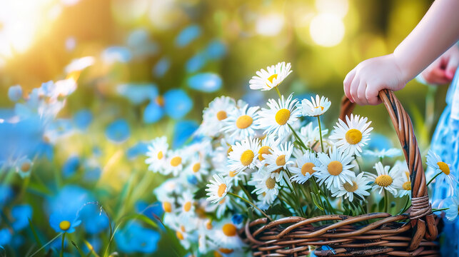 A girl in a blue sundress holds a basket with daisies in nature, in a field on a sunny summer day. Child's hand with wildflowers close-up. Outdoor recreation, outside the city, floriculture