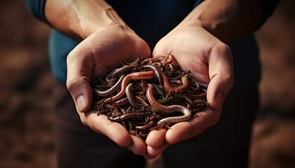 A person is holding a bunch of earthworms in their hands - obrazy, fototapety, plakaty