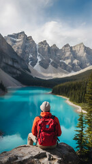 Photo real for Traveler with backpack at Banff National Park, Canada in Backpack traveling theme ,Full depth of field, clean bright tone, high quality ,include copy space, No noise, creative idea - obrazy, fototapety, plakaty