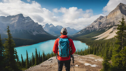 Photo real for Traveler with backpack at Banff National Park, Canada in Backpack traveling theme ,Full depth of field, clean bright tone, high quality ,include copy space, No noise, creative idea - obrazy, fototapety, plakaty