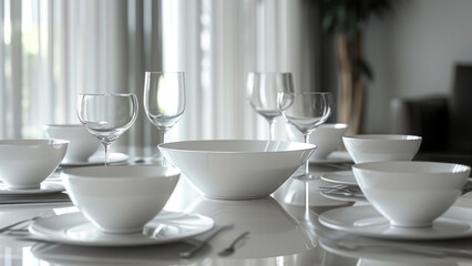 Modern White Tableware on Glossy Surface.