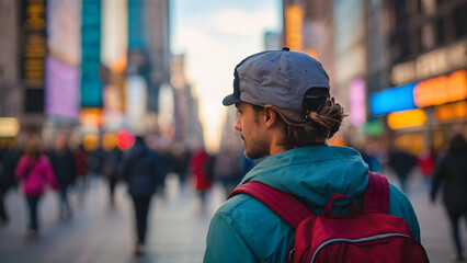 Photo real for Traveler with backpack in New York City in Backpack traveling theme ,Full depth of field, clean bright tone, high quality ,include copy space, No noise, creative idea