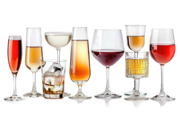 Assorted Glassware for Various Drink Types isolated on transparent Background