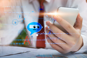 A data analyst using technology AI for working tool for data analysis Chatbot Chat with AI, using...