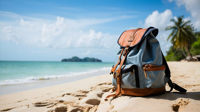Photo real for Traveler with backpack on a beach in Thailand in Backpack traveling theme ,Full depth of field, clean bright tone, high quality ,include copy space, No noise, creative idea