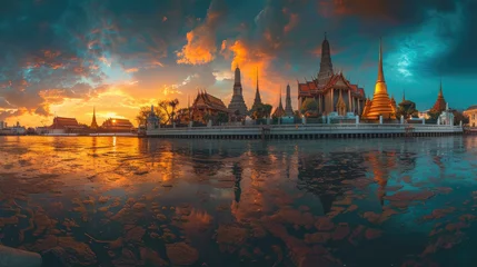 Rolgordijnen A panoramic view of Wat Arun temple at sunset in Bangkok, Thailand with the river and city in the background © Kien