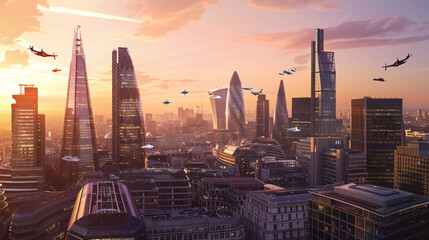 a futuristic cityscape, with towering skyscrapers and flying cars
