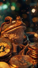 A Frog Conceptualizing Wealth with Bitcoins Symbolizing Cryptocurrency Investment and Financial Growth