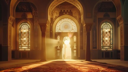 Fototapeta na wymiar A captivating Ramadan scene featuring a mosque bathed in soft light, adorned with elegant Islamic calligraphy and patterns.