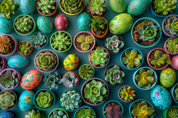 Colorful Painted Eggs and Succulent Arrangement.