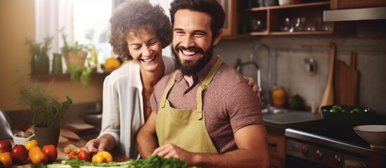 Fototapeta premium A man and a woman with a smile on their faces are sharing a recipe while preparing food in the kitchen. Tableware, plant, and beard are seen as they cook a delicious dish for the event