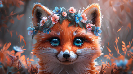 Realistic illustration of a cute fox cub with big blue eyes wearing a spring wreath of flowers on his head in spring style