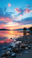 The sun sets beautifully over a lake, with rocks in the foreground