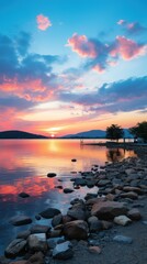 Obraz premium The sun sets beautifully over a lake, with rocks in the foreground