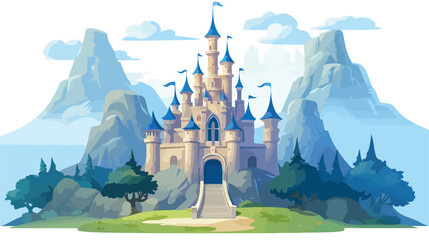 Mountain castle from a fairy tale. With rocks trees 