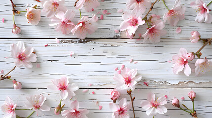 Cherry blossoms branches over rustic white wooden background