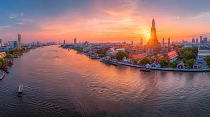 Kussenhoes A panoramic view of Wat Arun temple at sunset in Bangkok, Thailand with the river and city in the background © Kien