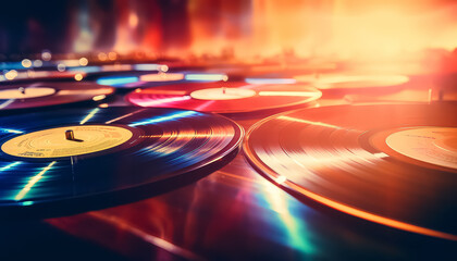 A collection of colorful records with a bright, vibrant look - obrazy, fototapety, plakaty