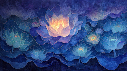 Blue water lily on blue background. Hand-drawn illustration.