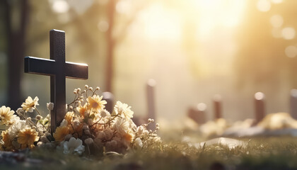A cemetery with a cross and a casket with flowers on top - obrazy, fototapety, plakaty