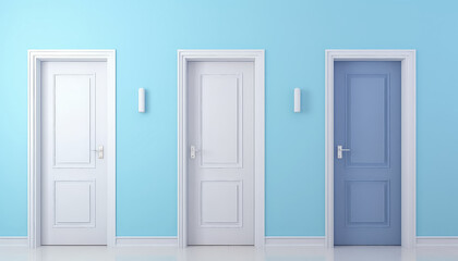 A blue door with a white trim sits in front of a wall - obrazy, fototapety, plakaty