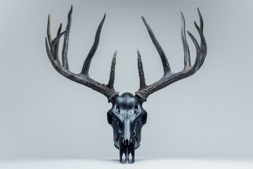 Sculptural Black Deer Skull with Majestic Antlers.